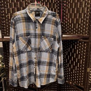 Junk Food Clothing Men's Casual Plaid Shirt - Blue, White, Tan Size XL